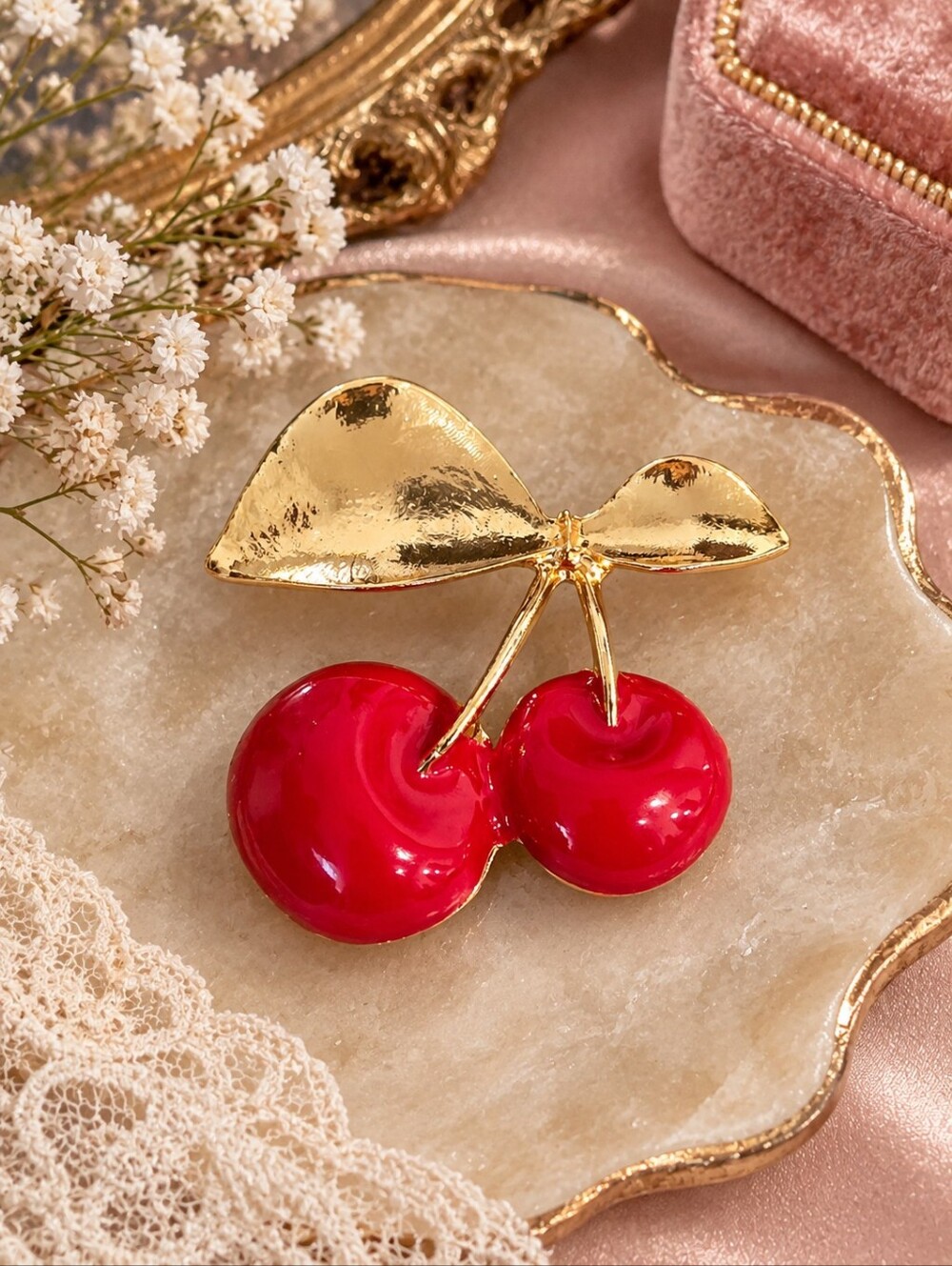 Cherry Bow Gold Brooch - Y2k Revival